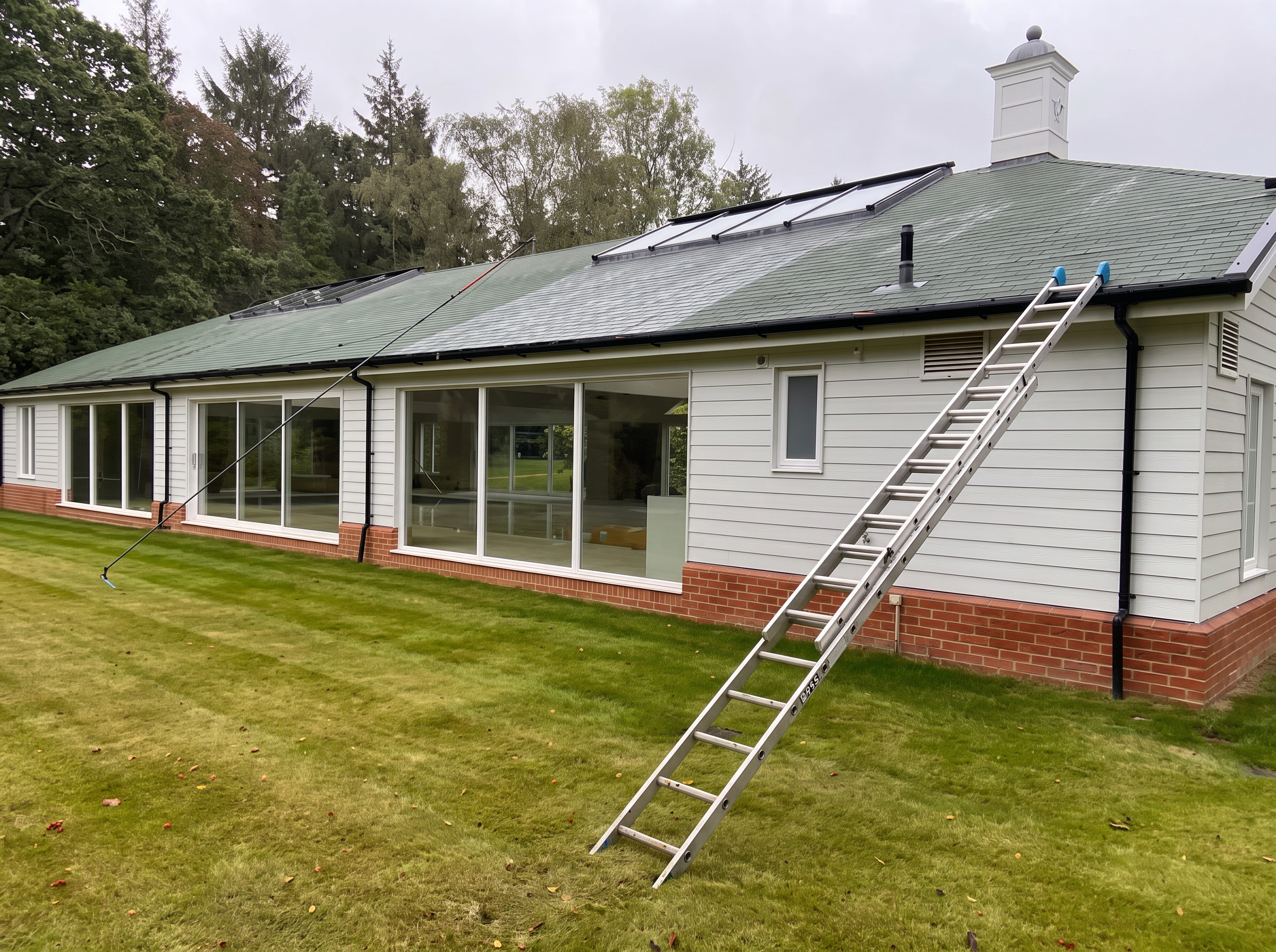 Bungalow with roof-mounted solar panels and a water-fed pole set up for cleaning near Lymington